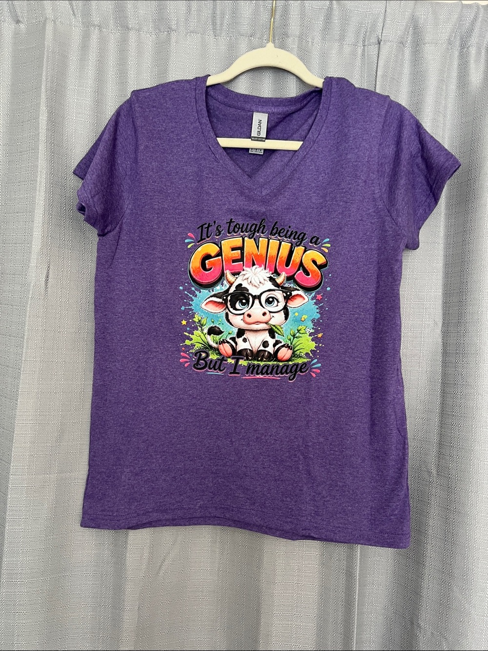 Gildan PurpleV-Neck Tee with Colorful 'Genius' Cow Graphic